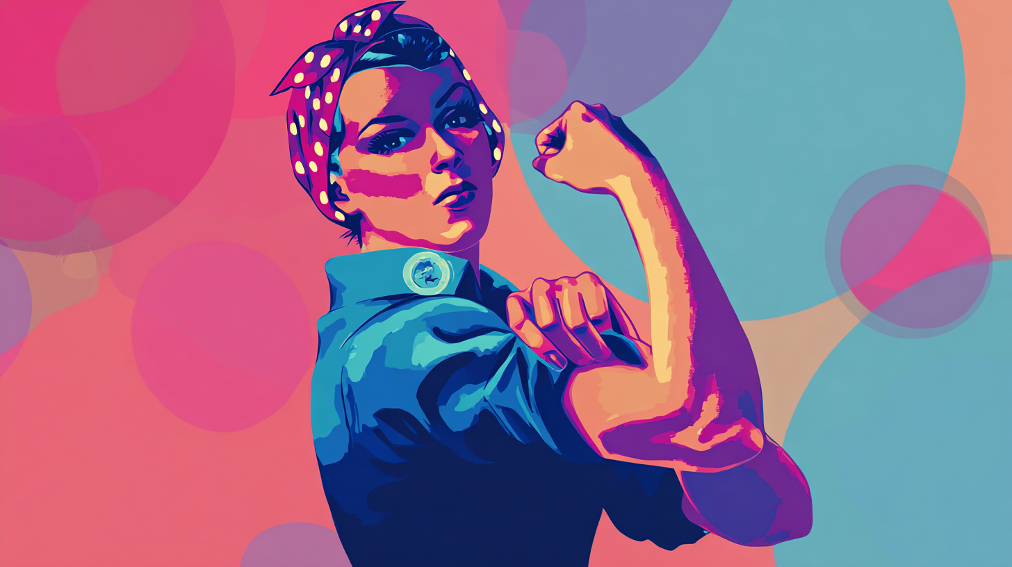 Stylised pop-art illustration of a strong woman striking the iconic "We Can Do It!" pose. She wears a blue work shirt with rolled-up sleeves and a red polka-dot bandana. The background features vibrant pink, purple, and teal circular patterns, creating a bold and empowering visual statement.