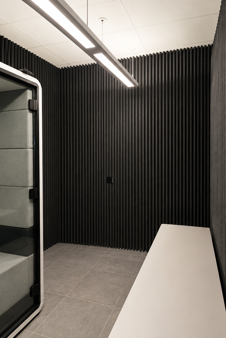 Grey acoustic ceiling baffles installed above a restaurant dining area in Toronto