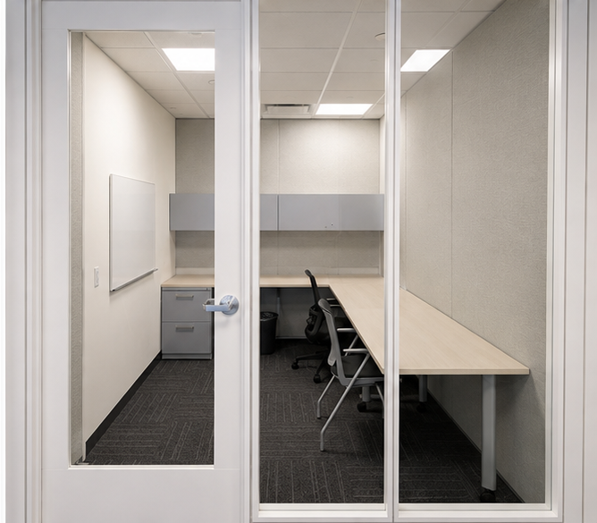 Demountable glass wall enclosing a private office with built-in desking in Toronto