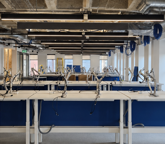 Height-adjustable lab benches installed in a Toronto workplace fit-out
