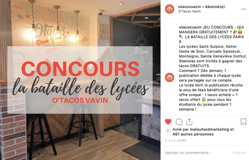 O’Tacos Vavin-jeu concours-réseaux sociaux-Instagram-Facebook-influenceurs-story-cibles-abonnés-clients-localisation-post lycée