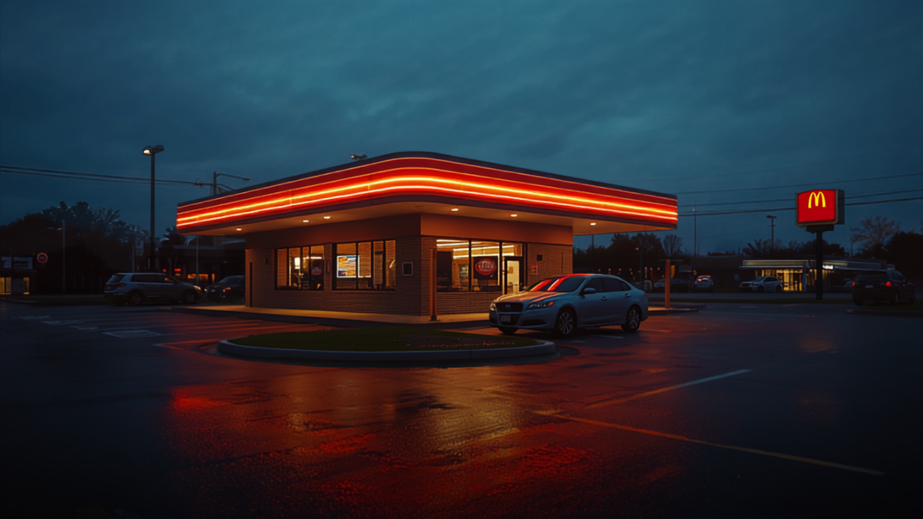 Modern American fast-food franchise restaurant with drive-thru at dusk