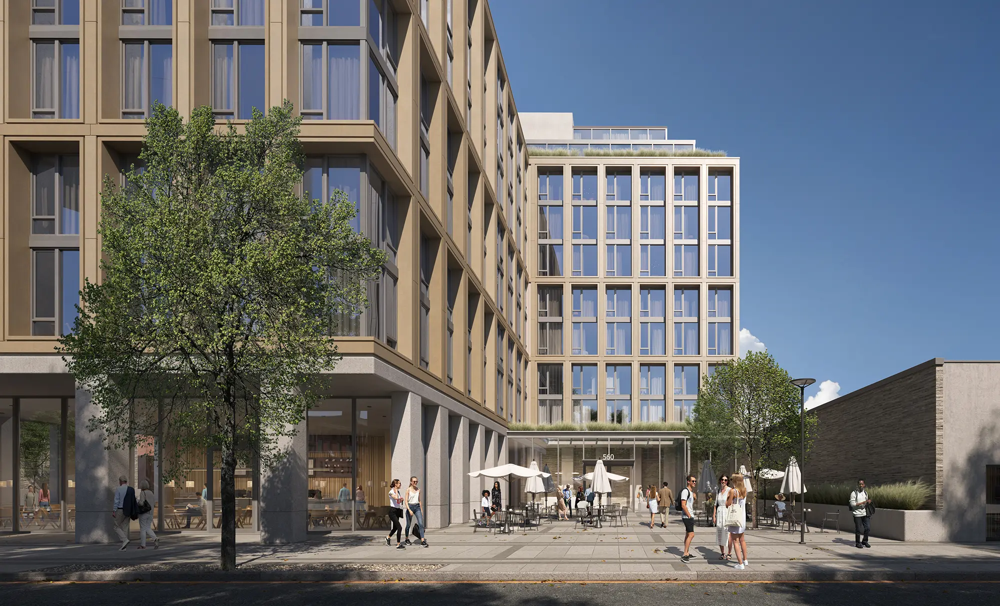 Street-level visualization showing pedestrian paths, material finishes, and urban furniture — turning technical data into a tangible experience.