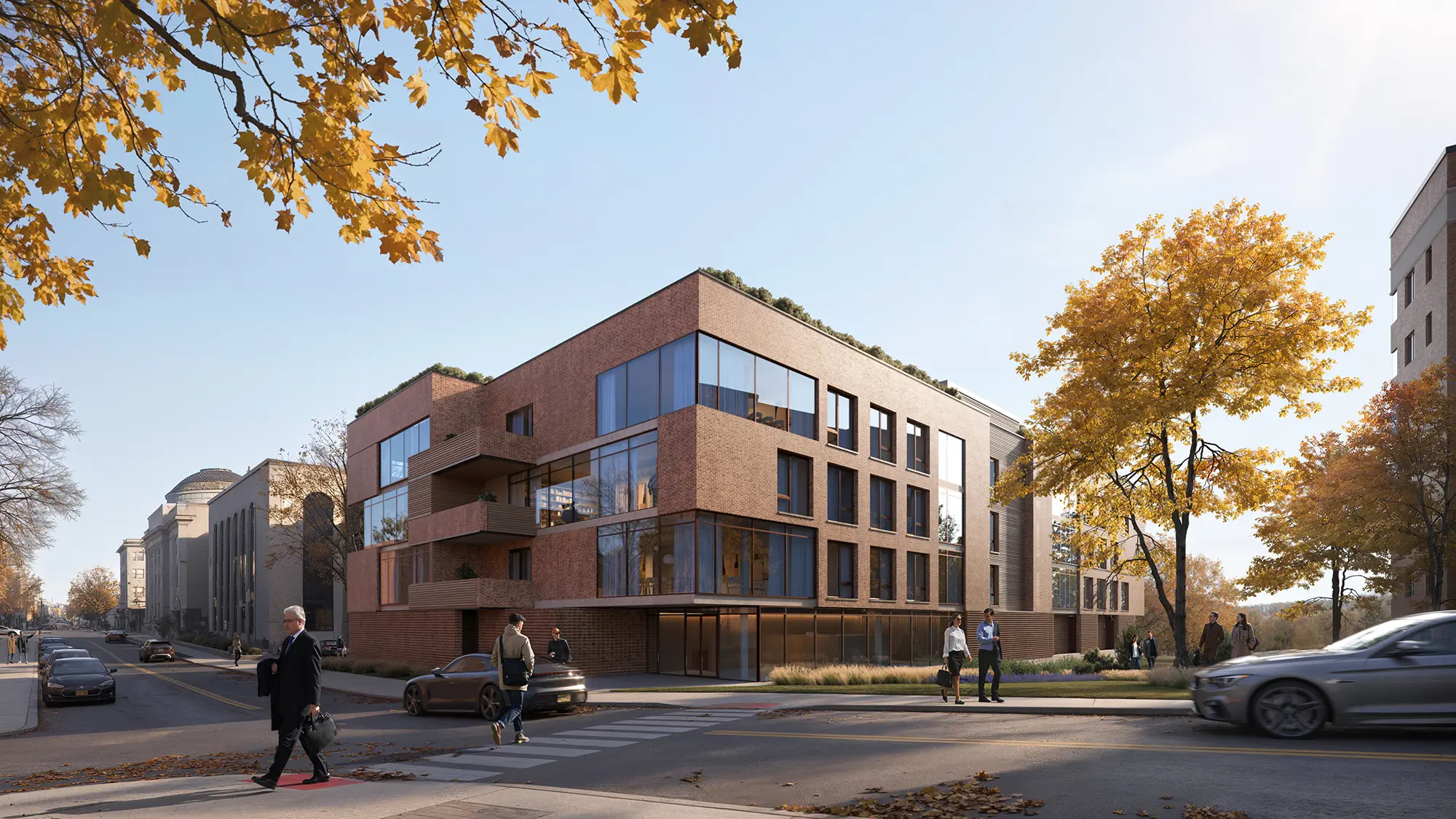 Street-level rendering with people walking and vehicles in motion — a visual argument for inclusive, livable design shaped by movement and flow.