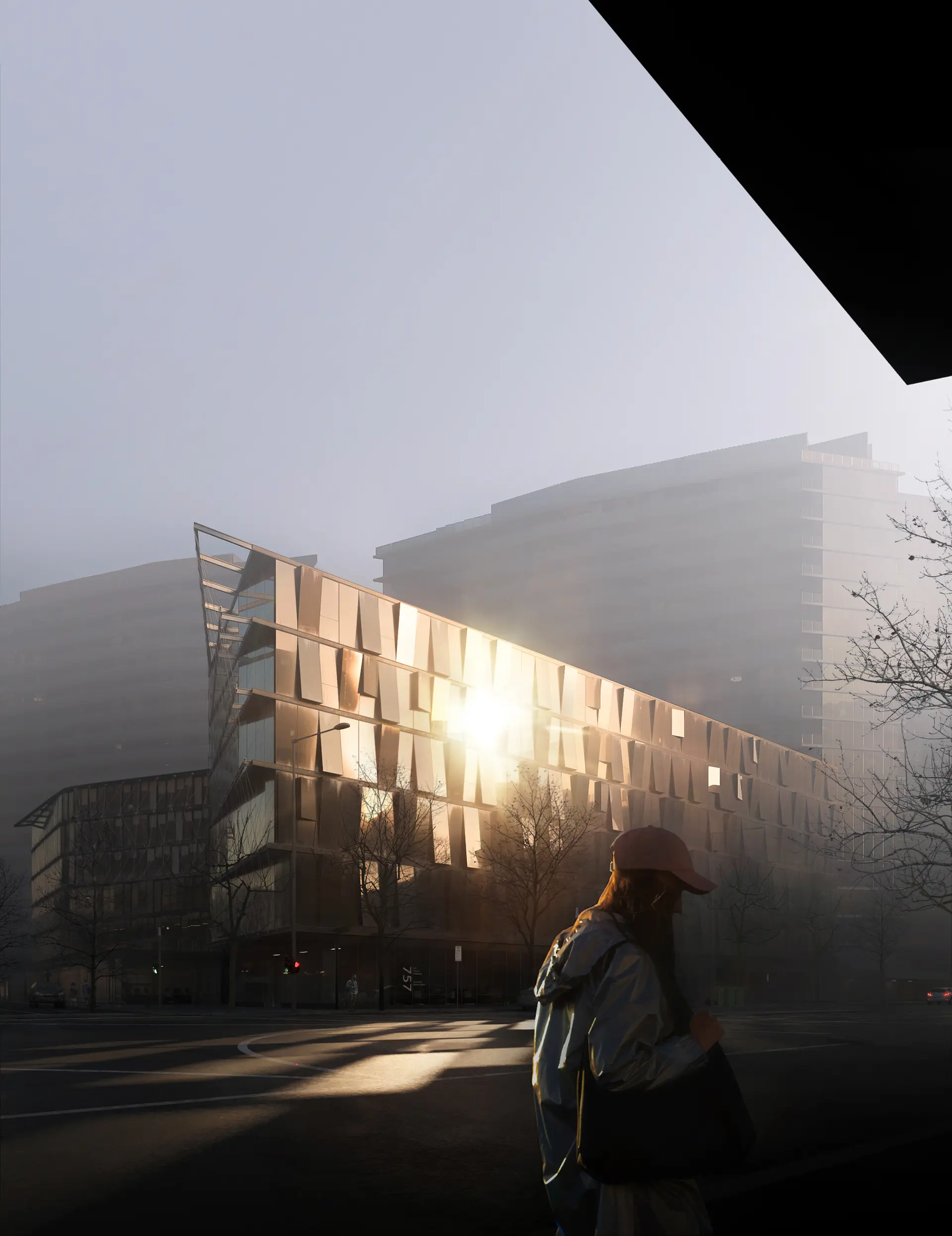 Golden-hour streetscape render with glass reflections and soft shadows, showing how light, weather, and materiality interact over time.
