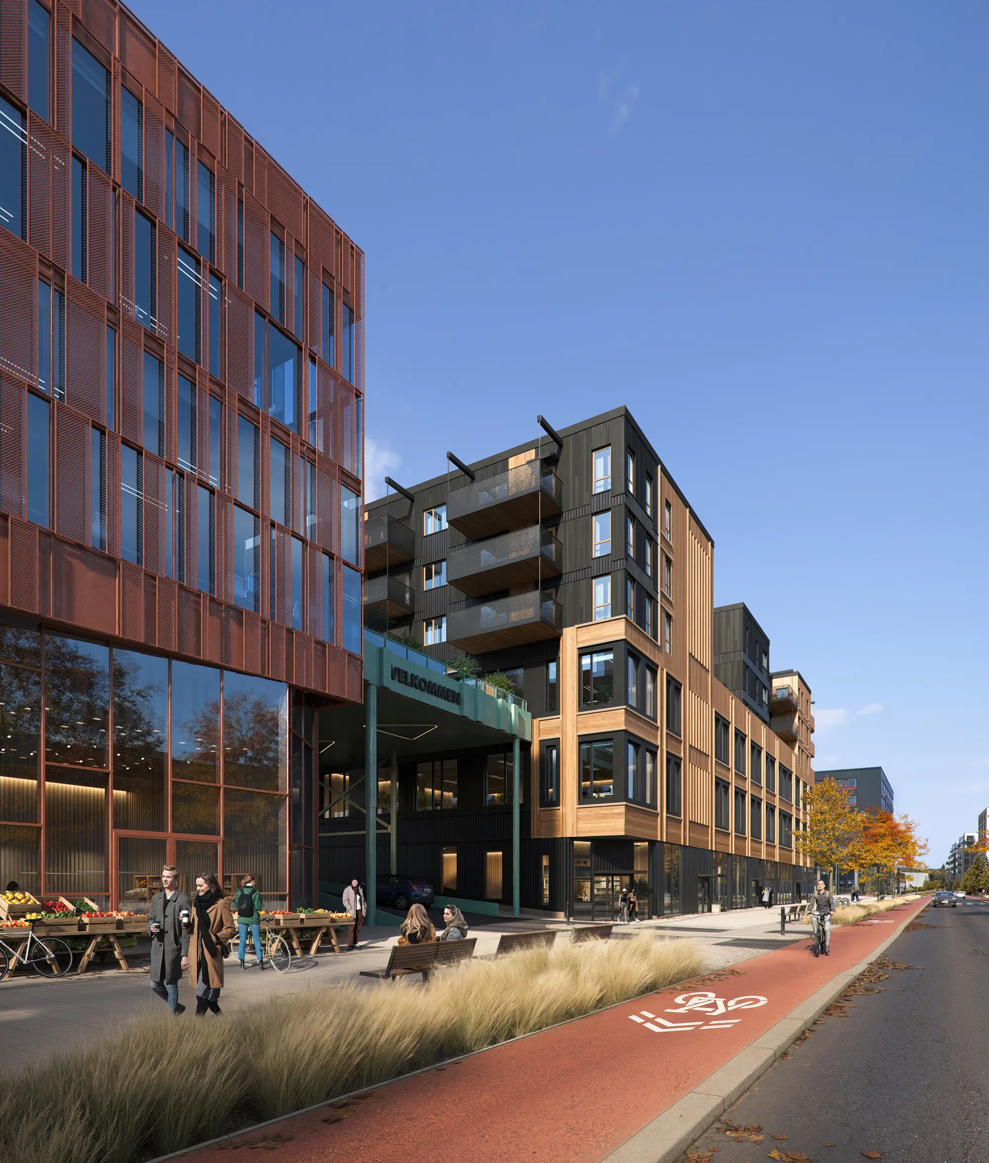 Wide sidewalks, shade trees, bike lanes, and seating visualized together to show how design supports daily urban comfort.