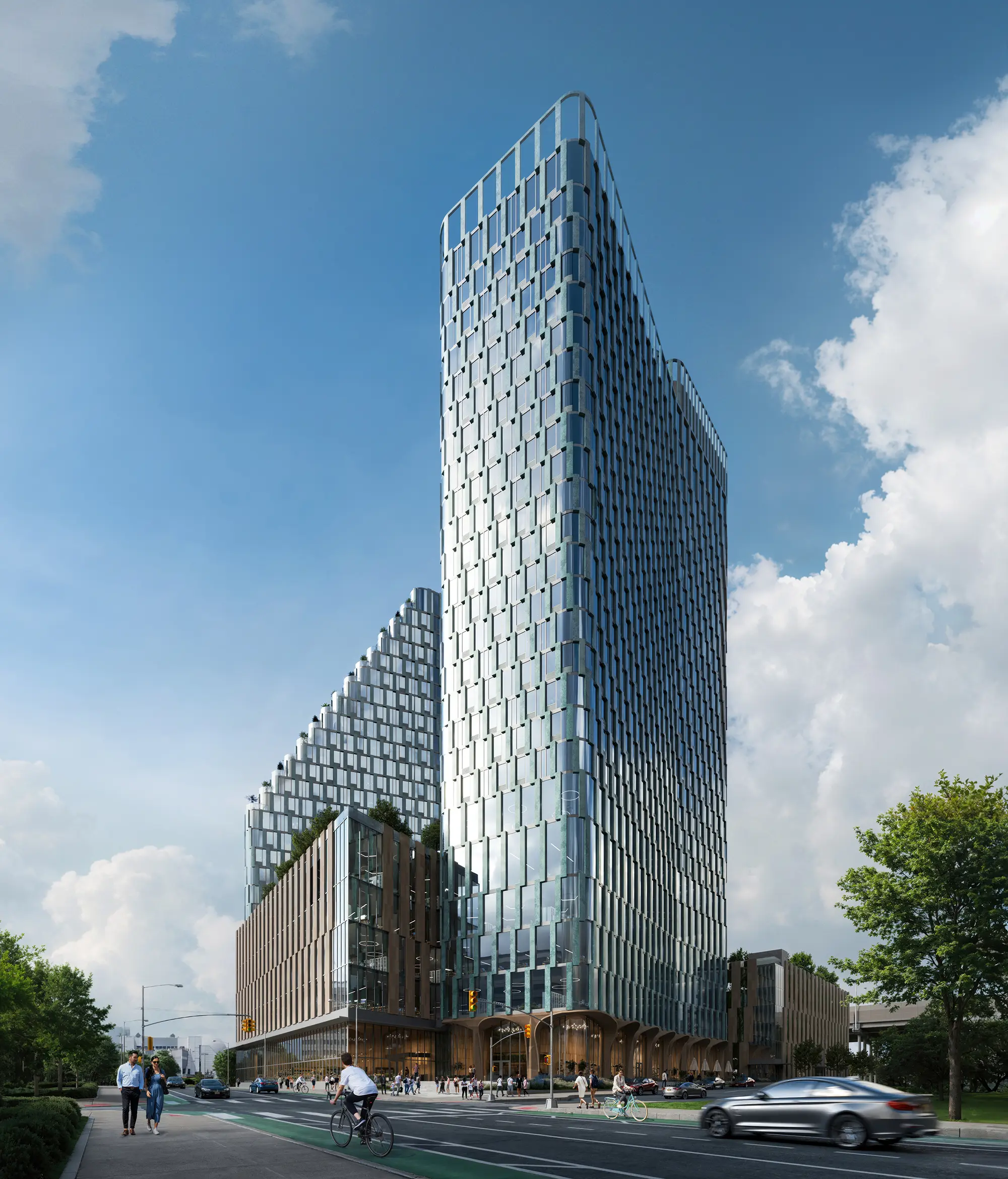 Architectural rendering by CYLIND of a 2024 commercial tower complex in Jersey City, showing urban integration and façade articulation.