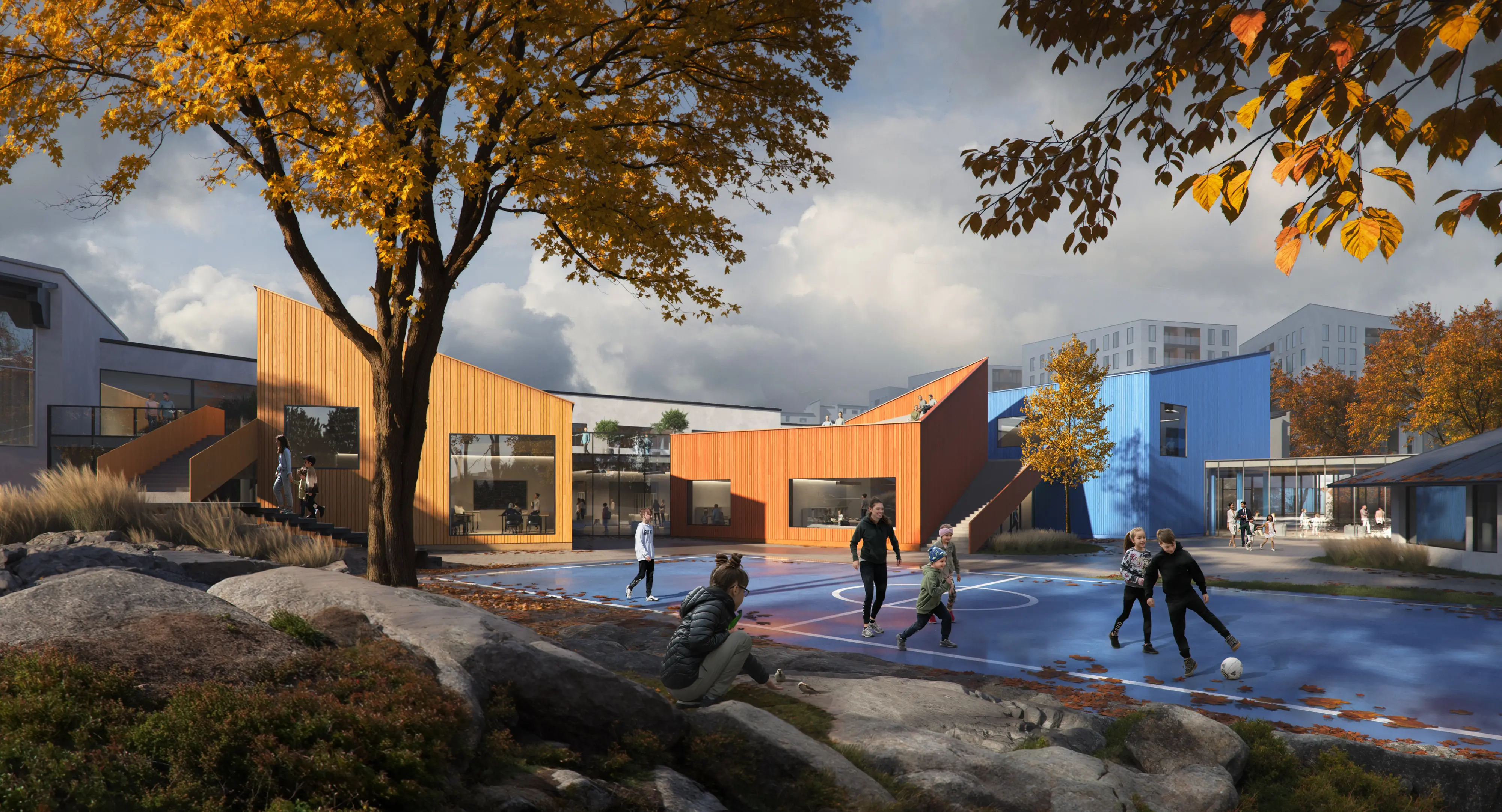 Ground-level render of the courtyard at the Meri-Rastila school and youth center in Helsinki, Finland — featuring natural rock, greenery, and an elevated play area.