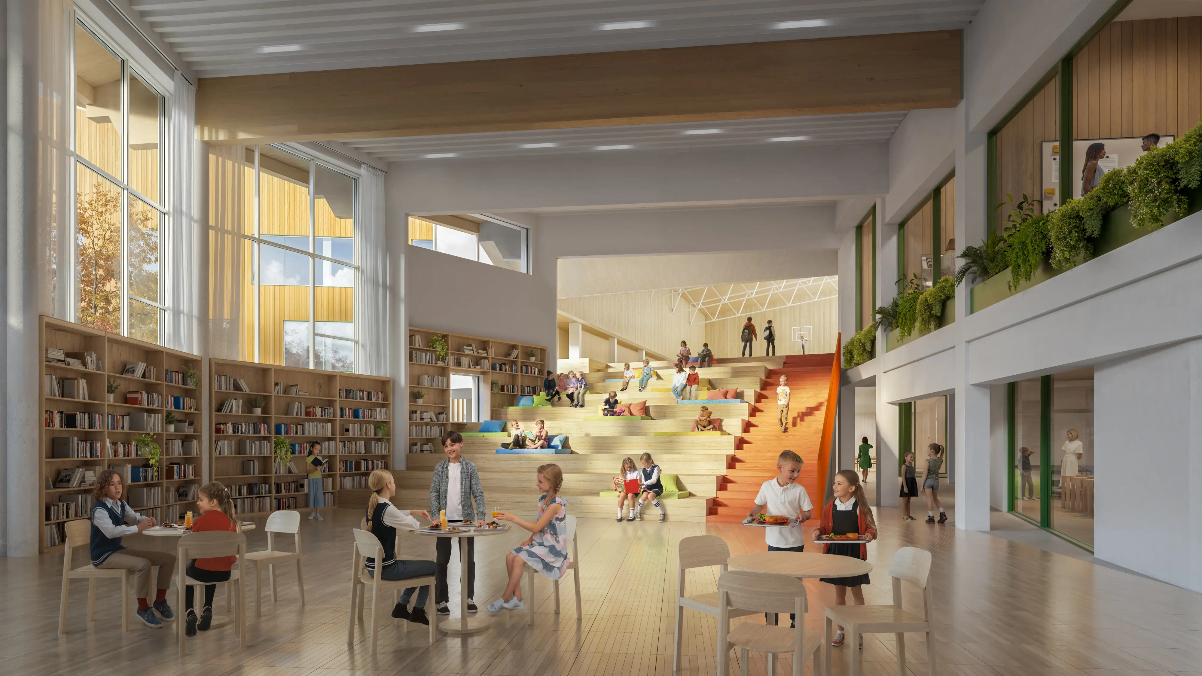 Interior render of a warm, child-friendly learning space by Arkkitehdit Davidsson Tarkela Oy in Finland — with soft lighting and natural wood textures.