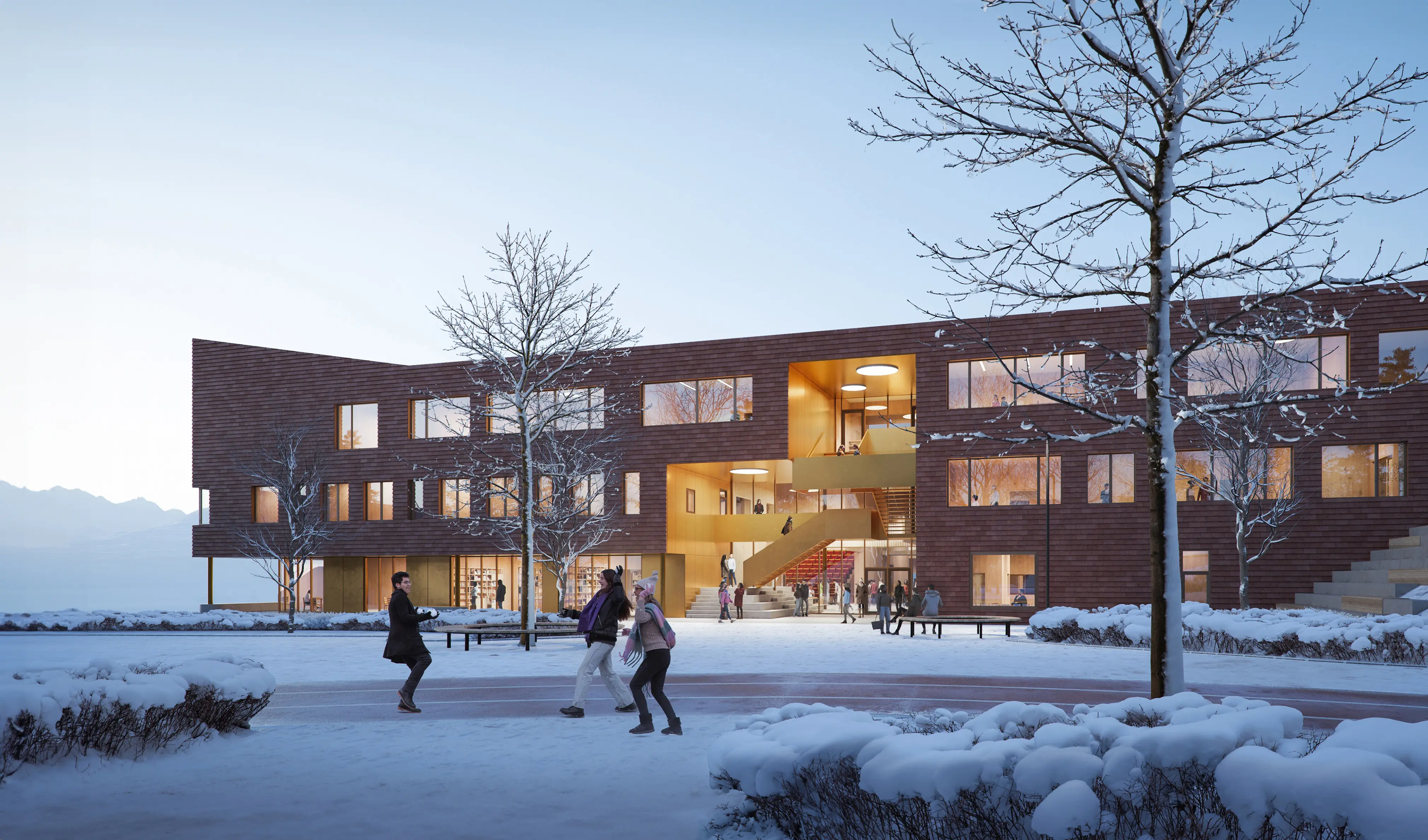 Snow-covered winter render of Tromsø School in Tromsø, Norway — highlighting the building’s form and materiality in cold conditions.