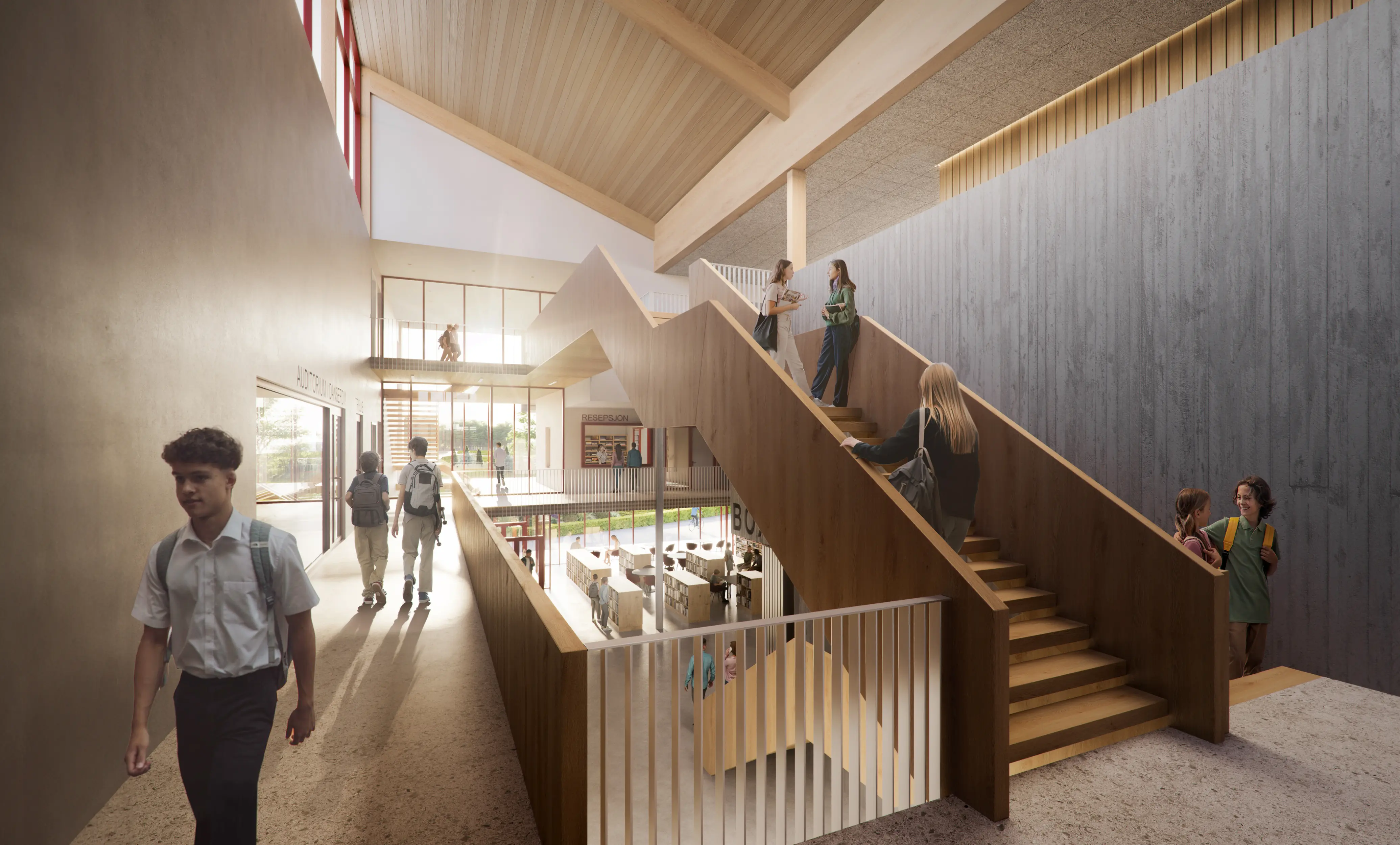 Interior hallway render of Tromsø School in Tromsø, Norway — showing flow, openness, and soft lighting.