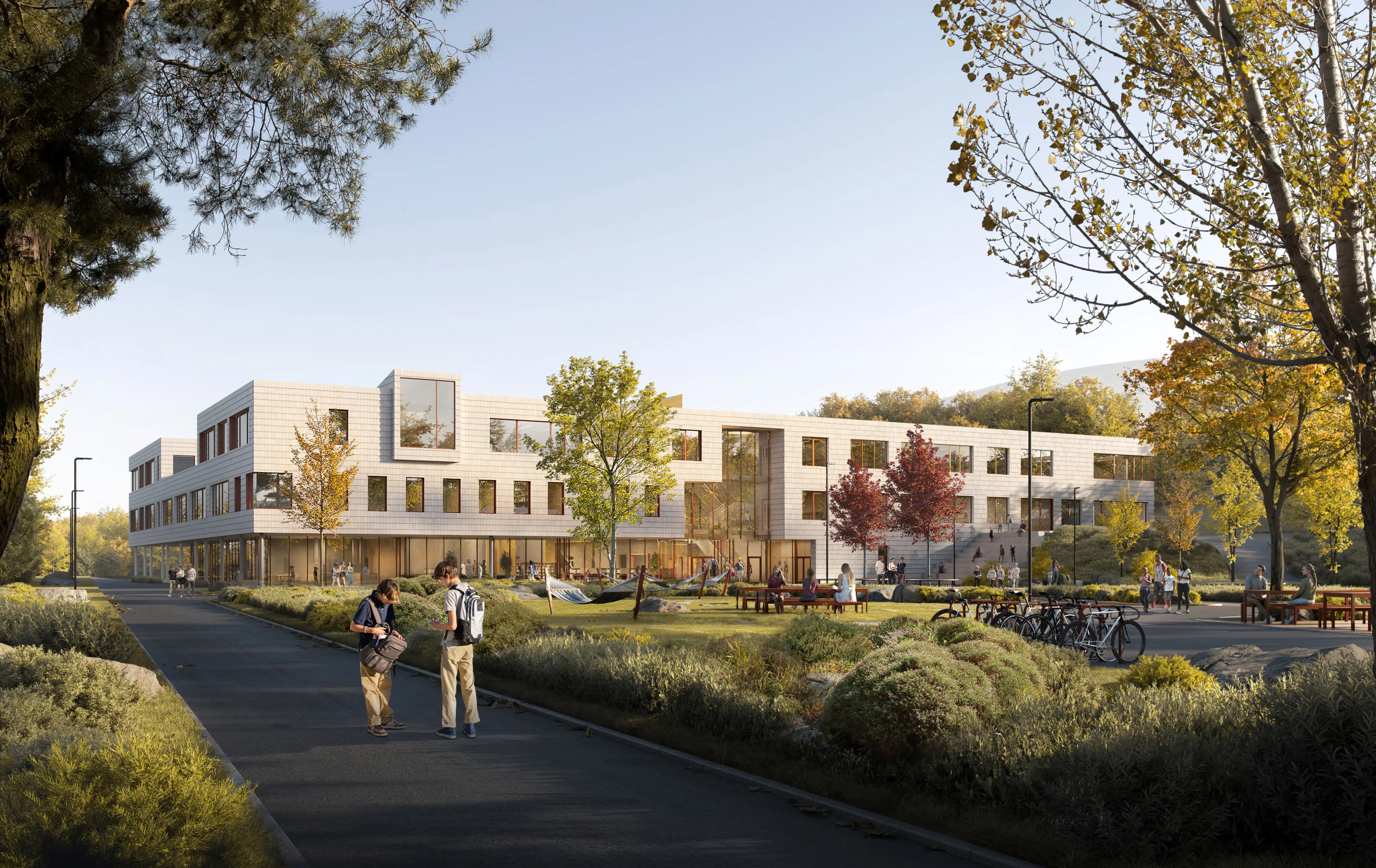 Landscape render of Tromsø School in Norway — highlighting natural topography, walking paths, and versatile outdoor areas for student activity.
