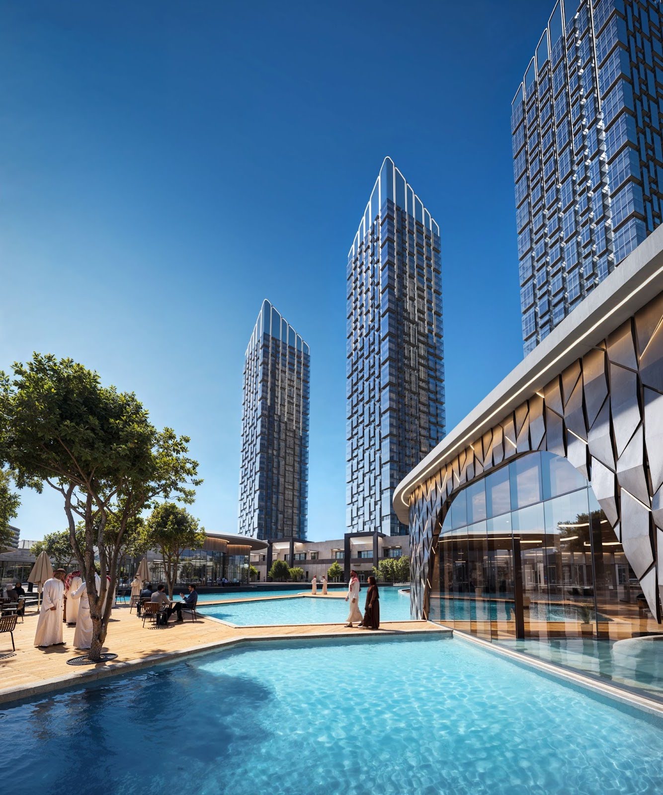 Visualization of a resort-style pool and lounge, a key selling point across southern climates.