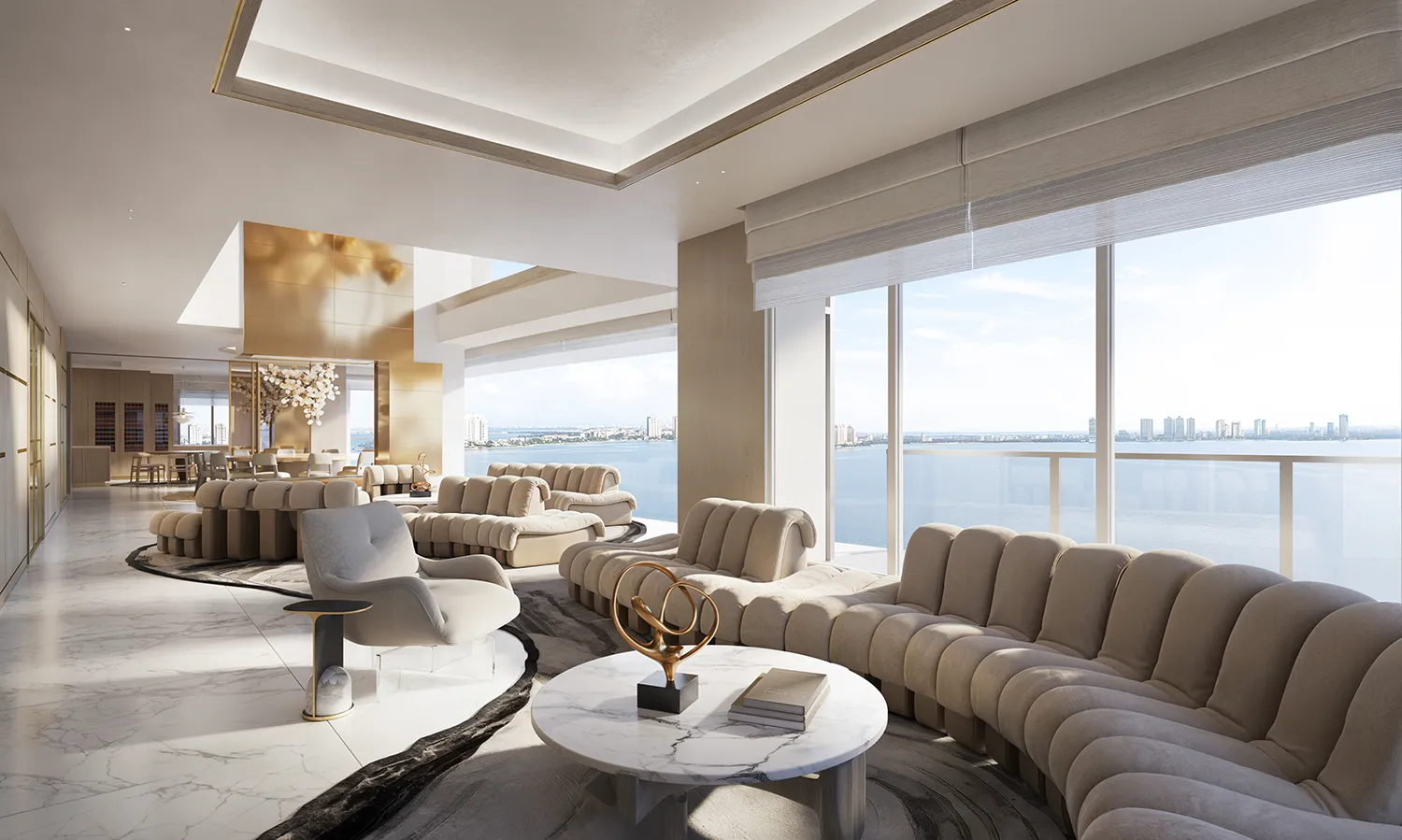 Visualization used to validate subtle design decisions like material transitions, ceiling articulation, and lighting temperature in a high-end interior.