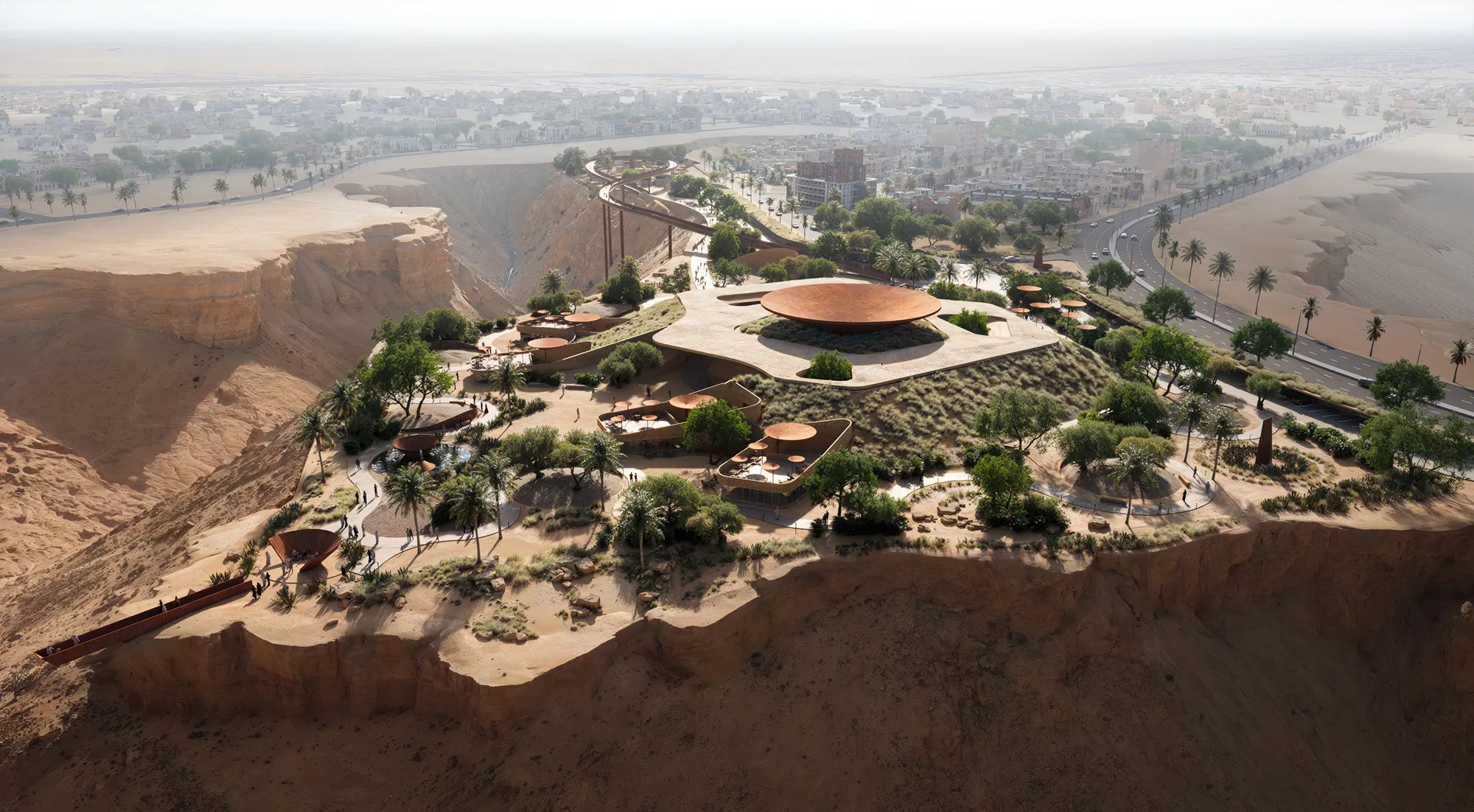 Modern design carved into the desert landscape, expressing balance between innovation, nature, and human ambition.