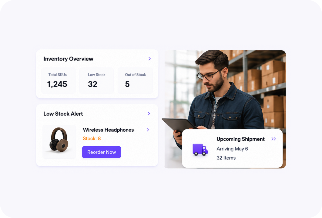 Inventory overview with low-stock alerts