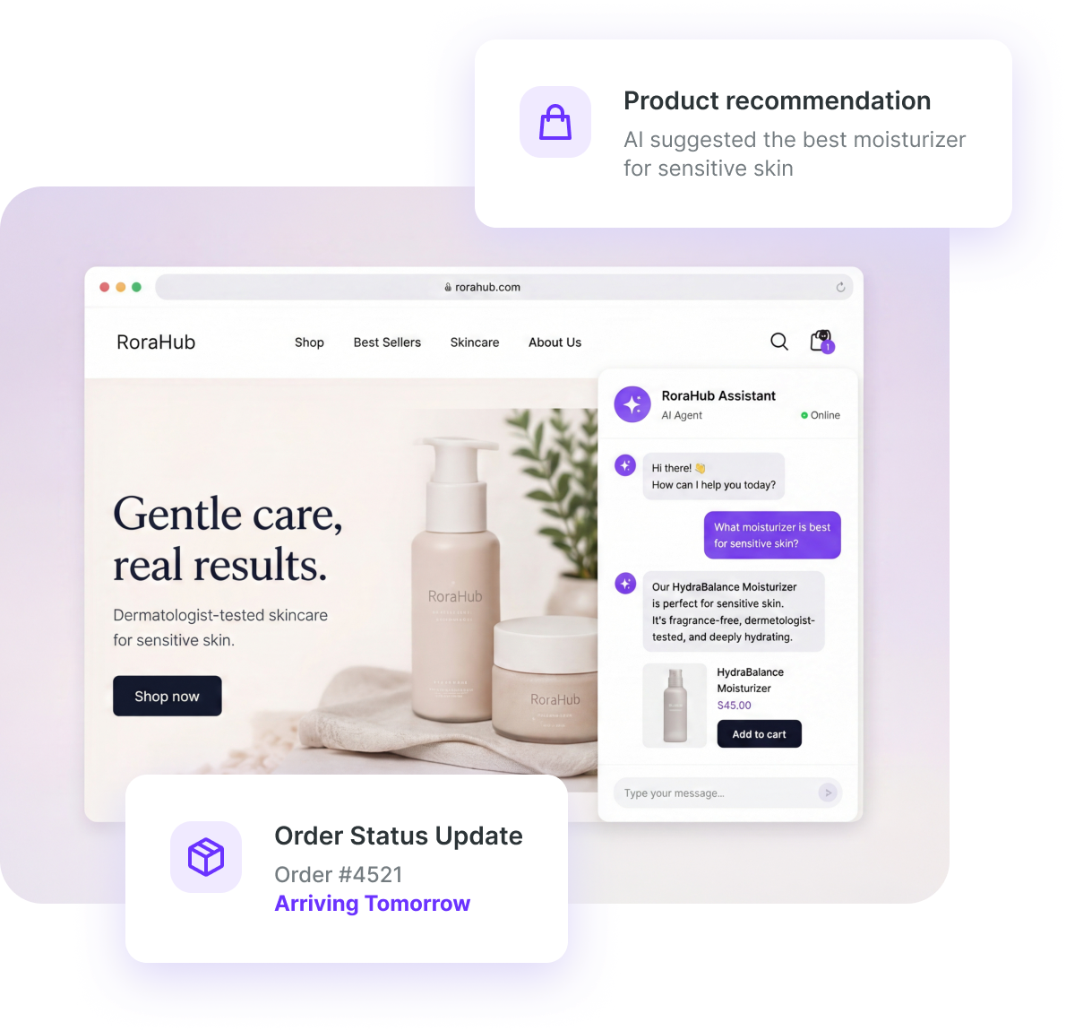 RoraHub storefront with live AI chat and order updates