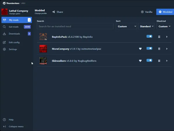 Animated sequence in the Thunderstore Mod Manager showing how to configure mods for Lethal Company. The interface, set against a dark theme, displays three mods: 'BepInExPack v5.4.2100 by BepInEx', 'MoreCompany v1.9.1 by notnotnotswipez', and 'Skinwalkers v5.0.0 by RugbugRedfern'. Each mod has options for enabling/disabling and setting preferences, demonstrated through user interactions with toggles and configuration icons.