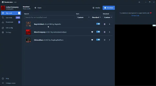 Animated interface within the Thunderstore Mod Manager illustrating the process of importing mods using a shared code.