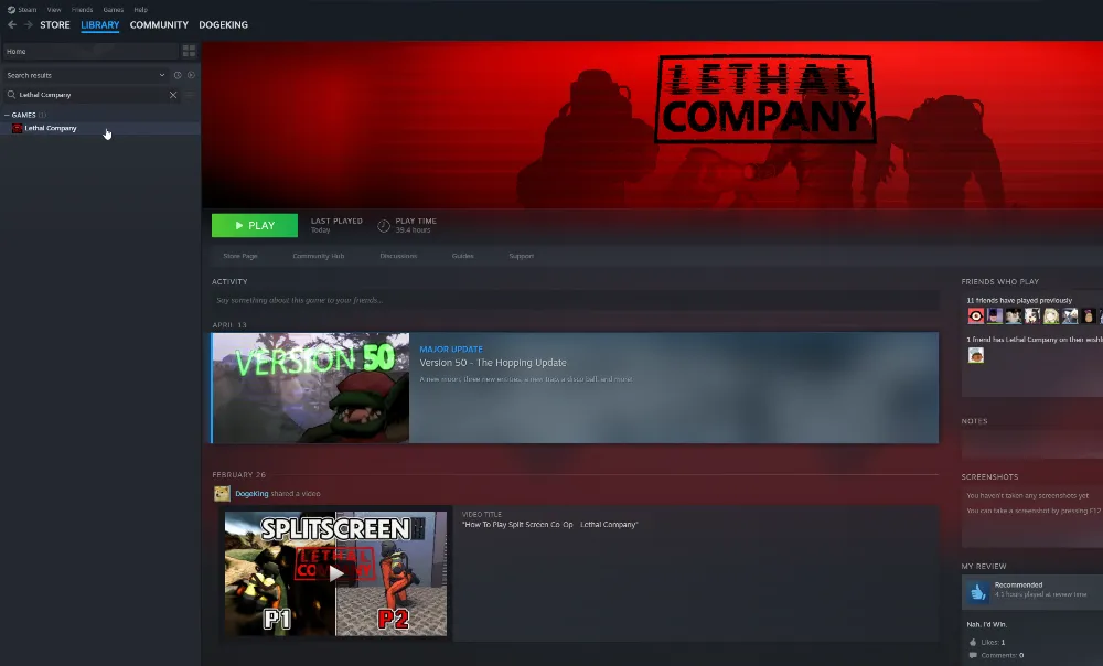 Animated view of a computer screen navigating the game directory for 'Lethal Company' within the Steam platform. The window shows various game files listed in the directory, including executables and configuration files, under a folder path in the local disk. On the right, Steam's user interface displays the game's library page for 'Lethal Company' with options like 'Community' and 'Store' visible, alongside user stats showing friends who have played the game.