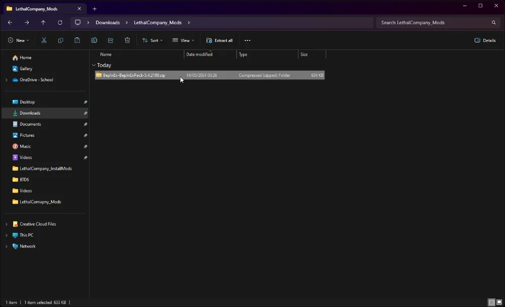 Screenshot of a file explorer window on a computer, displaying the directory 'LethalCompany_Mods' with a single file: 'BepInEx-BepInExPack-v5.4.2100.zip'. The file, dated 14/05/2024, is a compressed (zipped) folder, ready to be extracted. The interface shows the 'Downloads' folder highlighted in the sidebar, indicating where the mod file is located for the game Lethal Company.