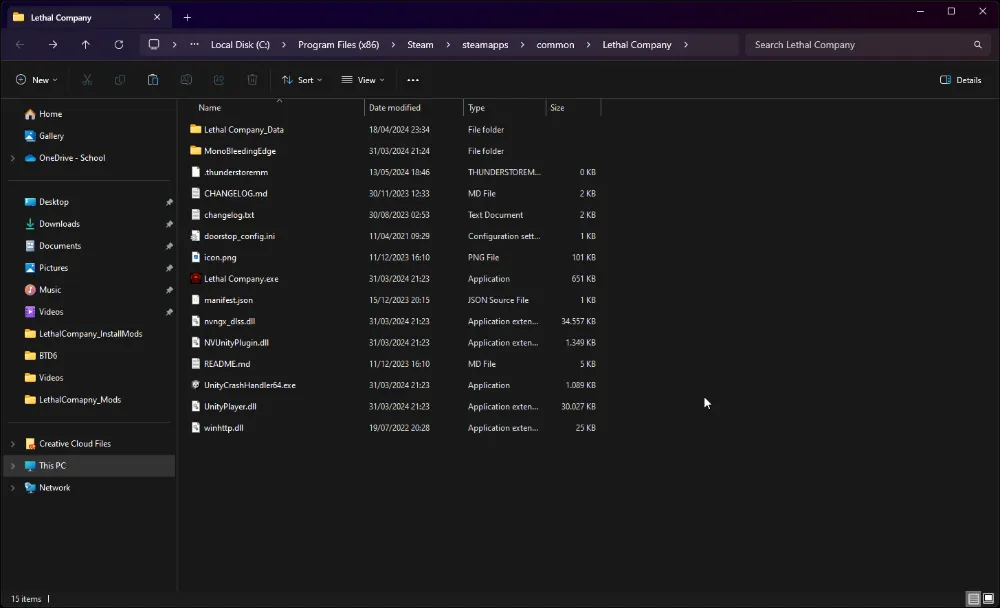 Animated WebP showcasing the installation process of the BepInEx mod pack in the Lethal Company game directory located within Program Files (x86). The animation details the addition of new files and folders, including DLLs and configuration files, to the directory. Key changes are visible, such as the appearance of the '#thunderstoremm' folder and updates to existing game files, illustrating the dynamic process of mod integration on a Windows operating system.