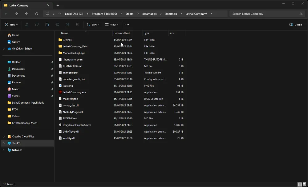 Animated WebP illustrating the process of pasting the previously extracted 'More Suits' mod files into the 'Lethal Company' game directory located in the Program Files (x86) on a Windows system. The animation shows files being moved from the download directory into the game's folder, specifically into the 'BepInEx' subfolder, which contains plugin files necessary for mod functionality. The file list includes essential game files such as executables and configuration files, highlighting ongoing mod management.