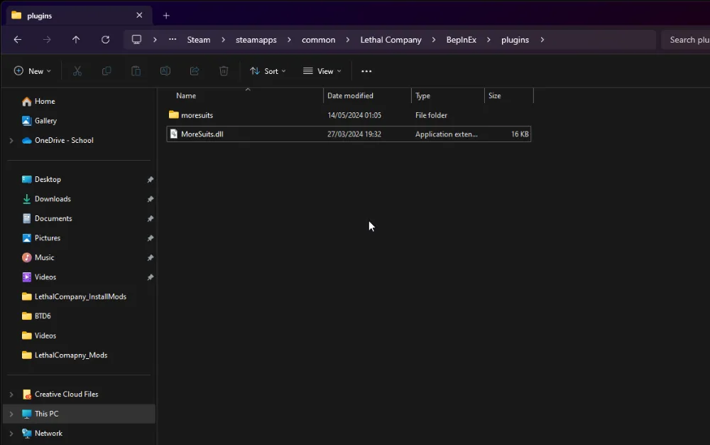 Animated WebP showing the renaming process of mod files within the 'plugins' directory for the 'Lethal Company' game under the 'BepInEx' folder. The animation captures the user renaming the 'MoreSuits.dll' file within a visually organized Windows file explorer interface, emphasizing precise mod management. The folder 'moresuits' and the DLL file are displayed with their dates modified, indicating recent updates or changes to the files.