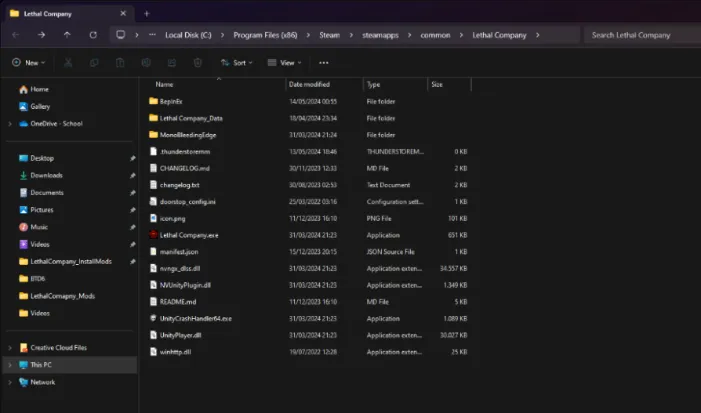 Animated WebP depicting the process of opening and editing a DLL file in Notepad within the 'Lethal Company' game directory on a Windows system. The animation shows navigating to the 'Lethal Company' folder in Program Files (x86), selecting a DLL file, and then modifying settings directly within the file using Notepad. This sequence illustrates the detailed customization possible for advanced users who are tweaking game mods or system behaviors.