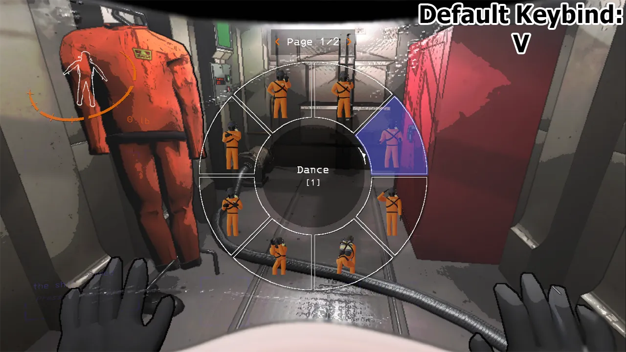 In-game screenshot showing a first-person view of an emote wheel interface from the 'LateCompany' mod, set in a spacecraft environment. The wheel is divided into segments, each depicting different poses of an avatar in an orange jumpsuit, with the selected emote labeled 'Dance'. An orange arrow points to this selection. The backdrop features a cluttered corridor of the spacecraft, enhancing the game's immersive setting. Text on the right side indicates 'Default Keybind: V' for activating the emote wheel.