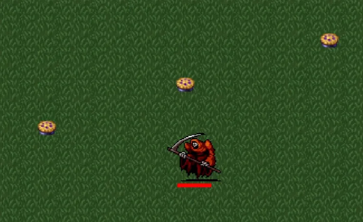 Screenshot from the game 'Vampire Survivors' on the stage Mad Forest. It is almost entirely a grassy pattern pixel art, with 3 pies creating a trail and underneath them is the character Red Death that looks like a red Grim Reaper