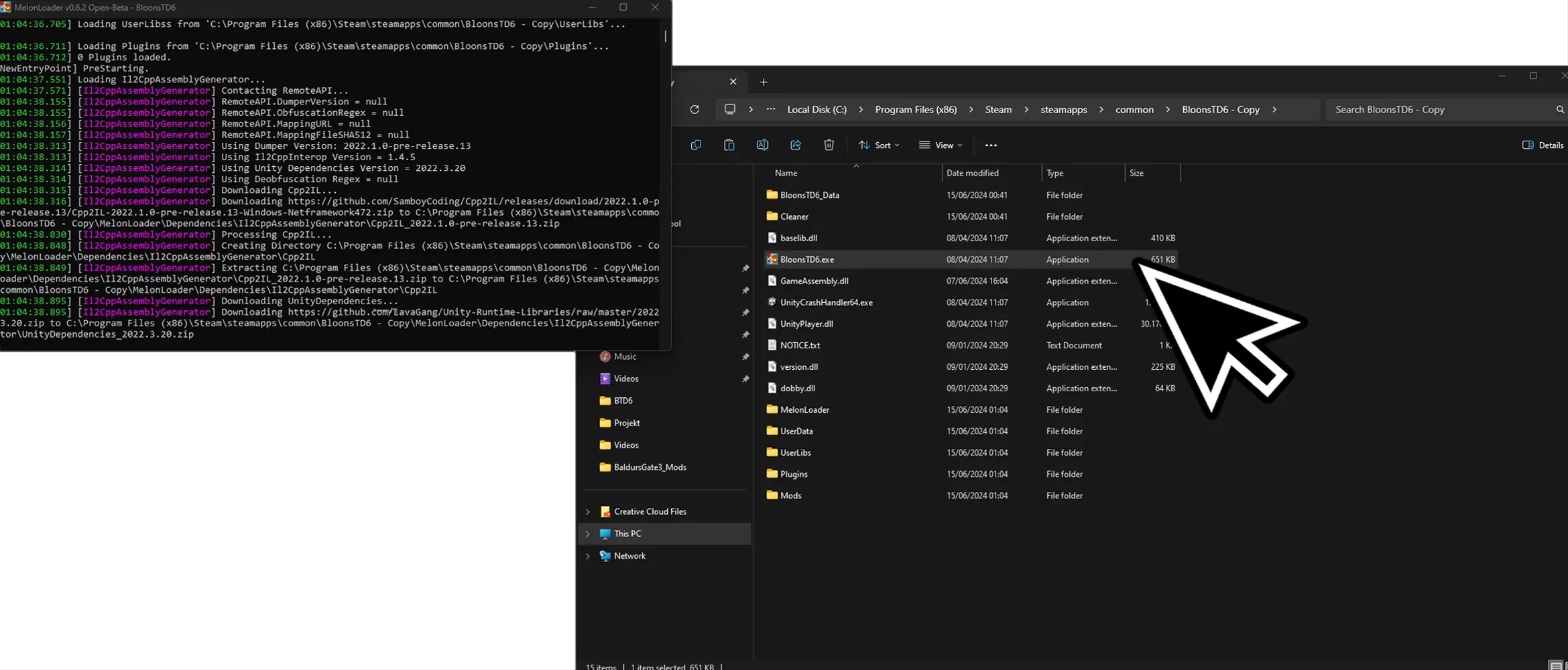 Command prompt window running MelonLoader alongside a file explorer showing the Bloons TD6 executable file in a modded game instance, illustrating the process of launching a modded version of BTD6.
