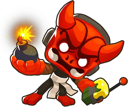 Bloons TD 6 image of a red Ninja Monkey in a devil costume, holding a bomb with a lit fuse in one hand and a detonator in the other. The character has white glowing eyes and a mischievous grin, highlighting its explosive abilities.