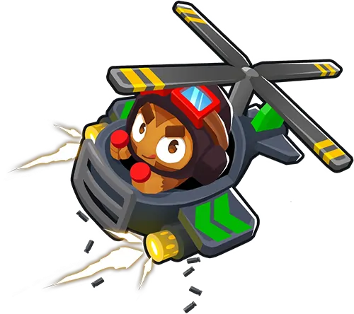Bloons TD 6 image of a Heli Pilot monkey in a black and green helicopter. The monkey, wearing a red headset and goggles, is gripping the helicopter controls, with propellers spinning and ready for action.