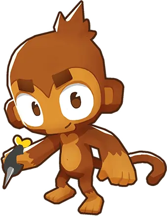 Bloons TD 6 image of a Dart Monkey. The monkey is holding a small dart with a yellow feather, ready to throw it. It has a simple, cheerful expression, typical of the basic starting unit in the game.