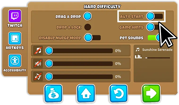 A settings menu screenshot from "Bloons TD 6" in Hard difficulty mode. The "Auto Start" feature is toggled off.