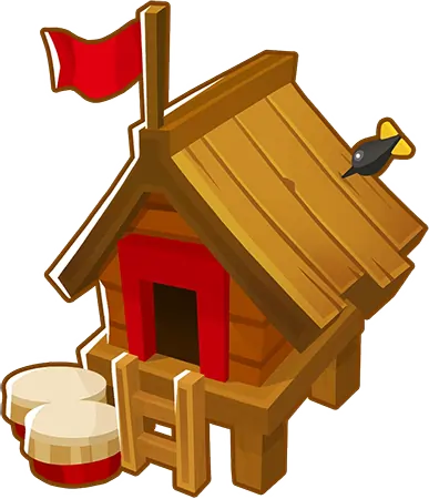 Image of the Primary Training building from Bloons TD 6. The structure is a wooden hut with a red flag on top, two large drums on the left, and a dart sticking out of the roof.