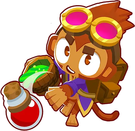 Image of the Alchemist tower from Bloons TD 6 showing the 2-0-0 upgrade. The Alchemist is depicted with large goggles and holding a vial of green potion and a red potion bottle.