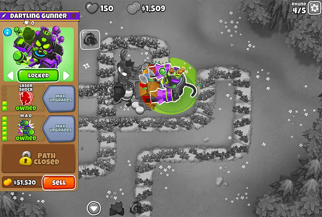 BTD6 game screen showing Round 4 with a Dartling Gunner placed on the map. The upgrade menu for the Dartling Gunner is open, featuring Laser Shock and M.A.D. upgrades.