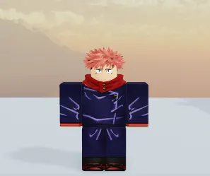 Yuji from "Jujutsu Kaisen" in Roblox transforms into Sukuna, standing on a rooftop with a serene sunset sky in the background.