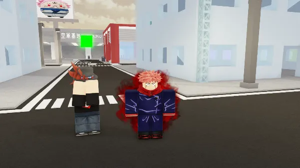 Sukuna in Roblox performs his domain expansion, Malevolent Shrine, as an altar rises dramatically from the ground and slashes occur everywhere. The scene is set on a city street with buildings visible in the background.