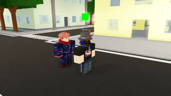 Yuji from "Jujutsu Kaisen" in Roblox performs his signature move, Black Flash, delivering a powerful punch to his opponent. The action takes place on a city street with buildings and trees in the background.