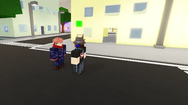 Yuji from "Jujutsu Kaisen" in Roblox finishes his opponent with a dramatic Black Flash, delivering a powerful punch. The scene takes place on a city street with buildings and trees in the background.