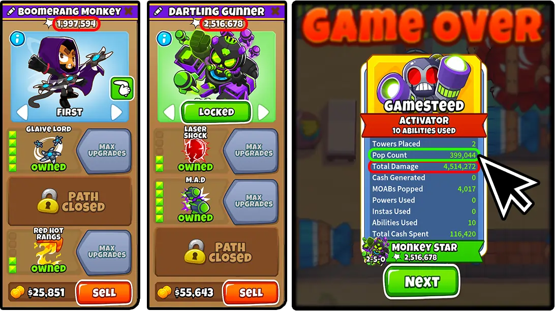 Image comparing Pop Count and Total Damage in BTD6, featuring a detailed end-game screen showing statistics for the player's towers, including pop count, total damage, and cash generated.