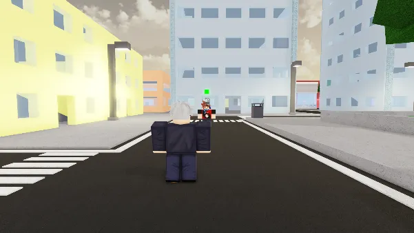 Animation showing character Gojo, in a blue suit with white hair, using his ability to pull an enemy towards him on a city street and executing a spinning kick. After the kick, Gojo teleports again with a striking visual effect, delivering another kick that sends the enemy crashing into the ground midair. The scene loops seamlessly, showcasing a dynamic sequence of combat skills.