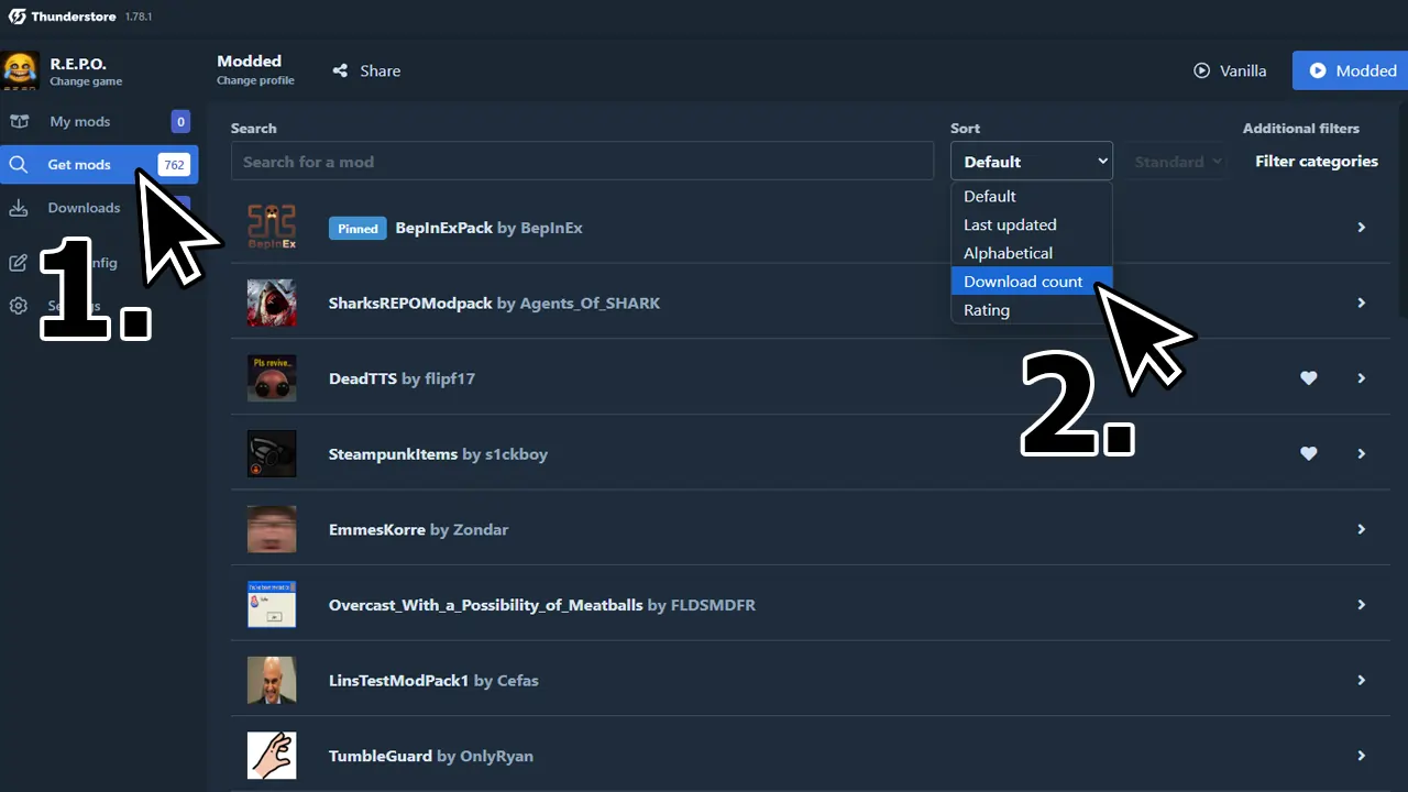 A screenshot of the Thunderstore mod manager interface shows a user navigating the mod search and sorting options. A large cursor icon points to the "Get mods" button on the left sidebar, labeled "1." Another large cursor icon, labeled "2," highlights the sorting dropdown menu, with "Download count" selected. The interface displays various mods, including "BepInExPack," "SharksREPOModpack," and "DeadTTS," with small icons and usernames of their creators.