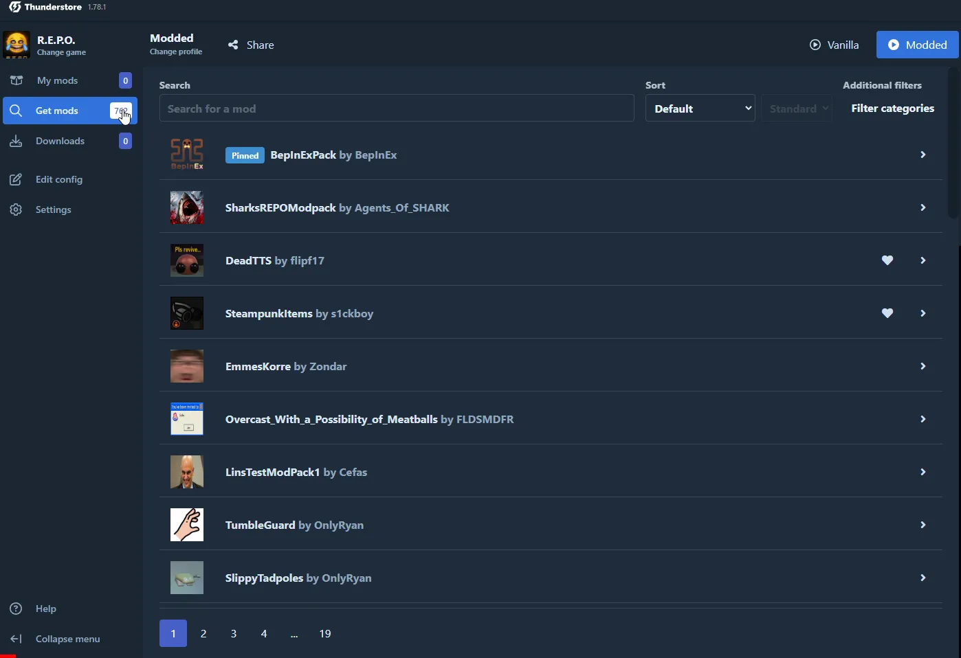 A screenshot of the Thunderstore mod manager interface displays the mod browsing section. The top result is "BepInExPack" by BepInEx, with a description stating it is a preconfigured pack for Mono Unity games. The interface shows download and website buttons, along with a download count of over 17 million and 712 likes. Below, a list of other mods, including "SharksREPOModpack" and "DeadTTS," is visible. The bottom navigation bar shows multiple pages, with page "1" currently selected.