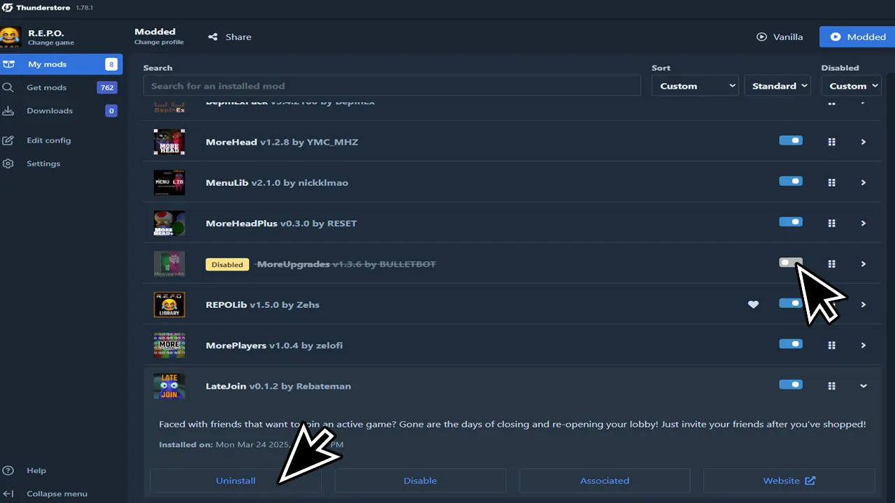 A screenshot of the Thunderstore mod manager interface shows the "My mods" section, listing installed mods. The list includes "MoreHead," "MenuLib," "MoreHeadPlus," and "LateJoin," among others. A large cursor points to a toggle switch for one of the mods, which is currently disabled. Another large cursor points to the "Uninstall" button at the bottom of the screen. The interface also displays sorting options, a search bar, and mod details such as version numbers and authors.
