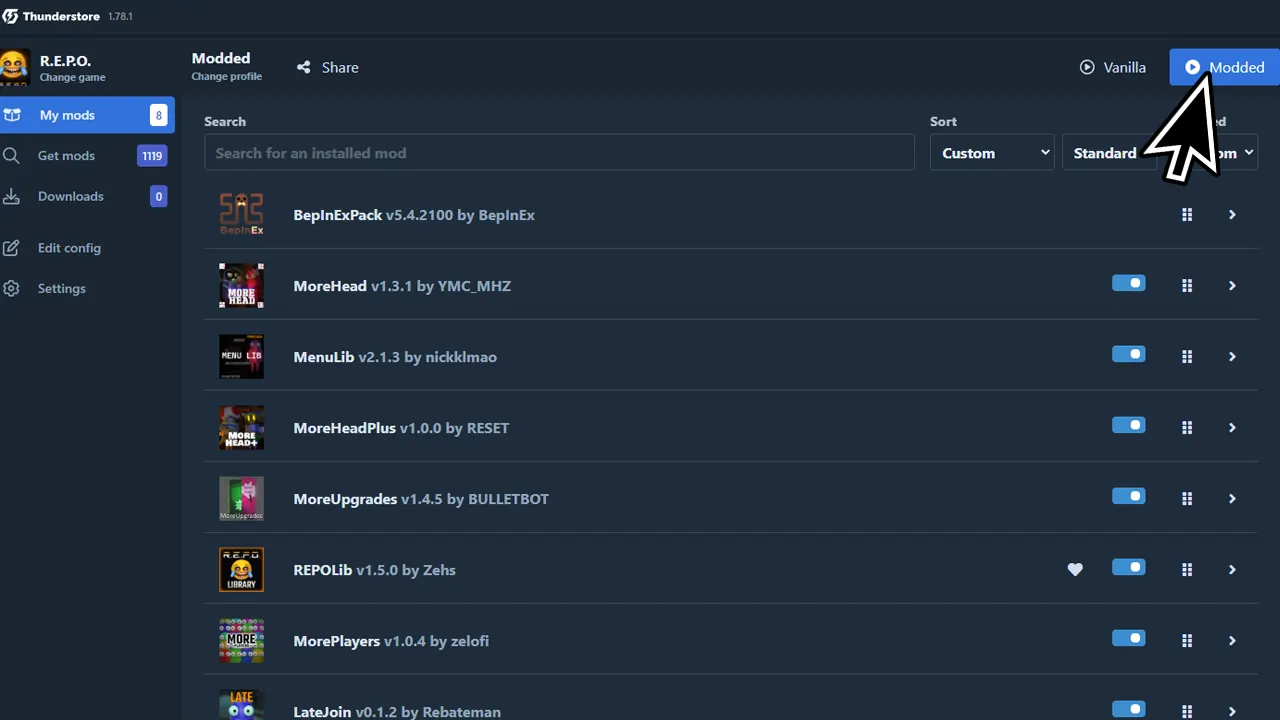 Screenshot of the Thunderstore Mod Manager interface showing the "Modded" profile for a game named "R.E.P.O." The left sidebar includes options such as "My mods," "Get mods," "Downloads," "Edit config," and "Settings." The main section lists installed mods, including BepInExPack, MoreHead, MenuLib, MoreHeadPlus, MoreUpgrades, REPOLib, MorePlayers, and LateJoin. Each mod displays its name, version, author, and toggle switches to enable or disable them. The top-right corner has a profile selection toggle between "Vanilla" and "Modded," with "Modded" currently selected.