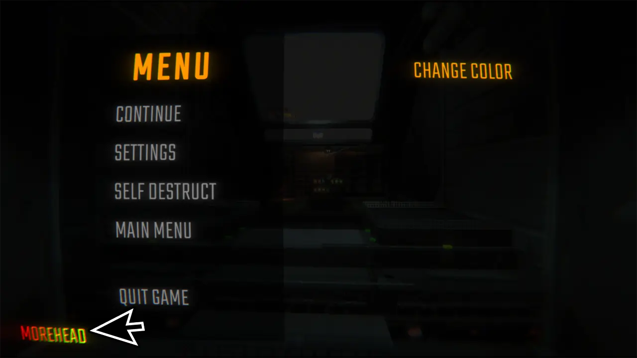 Screenshot of a game menu modified by the "MoreHead" mod. The menu options are displayed in white text on a dark background and include "Continue," "Settings," "Self Destruct," "Main Menu," and "Quit Game." The title "MENU" appears in bold yellow at the top center, alongside the option "Change Color" on the right. At the bottom-left corner, the text "MOREHEAD" is visible in red and green with a large cursor pointing to it.